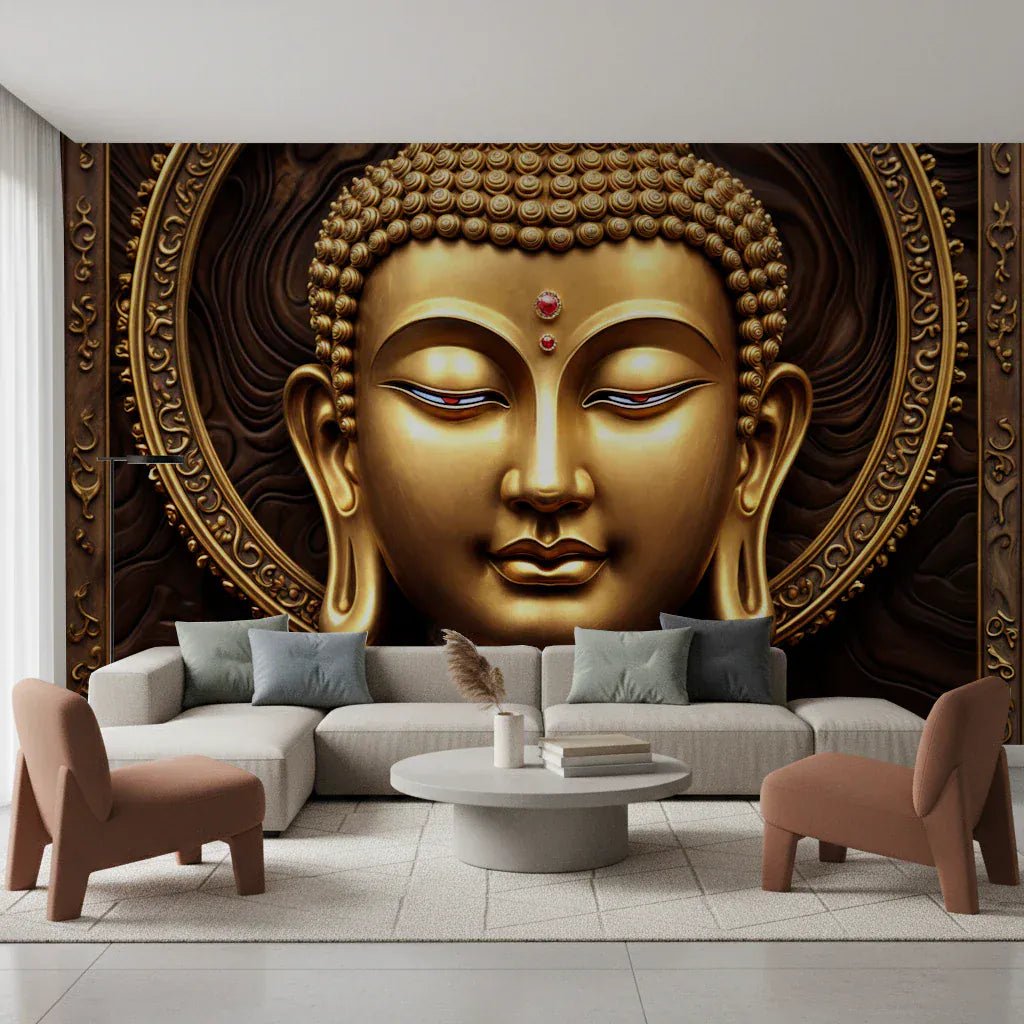 Modern living room featuring Serene Gold Buddha Wall Mural with metallic tones.