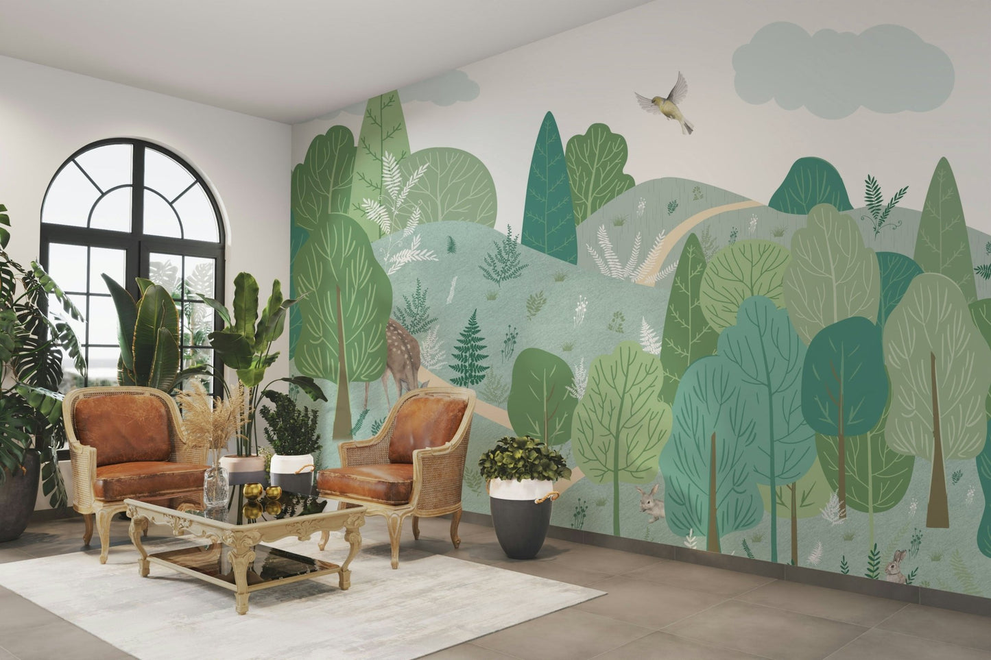 The ground is covered in grass and small plants.

