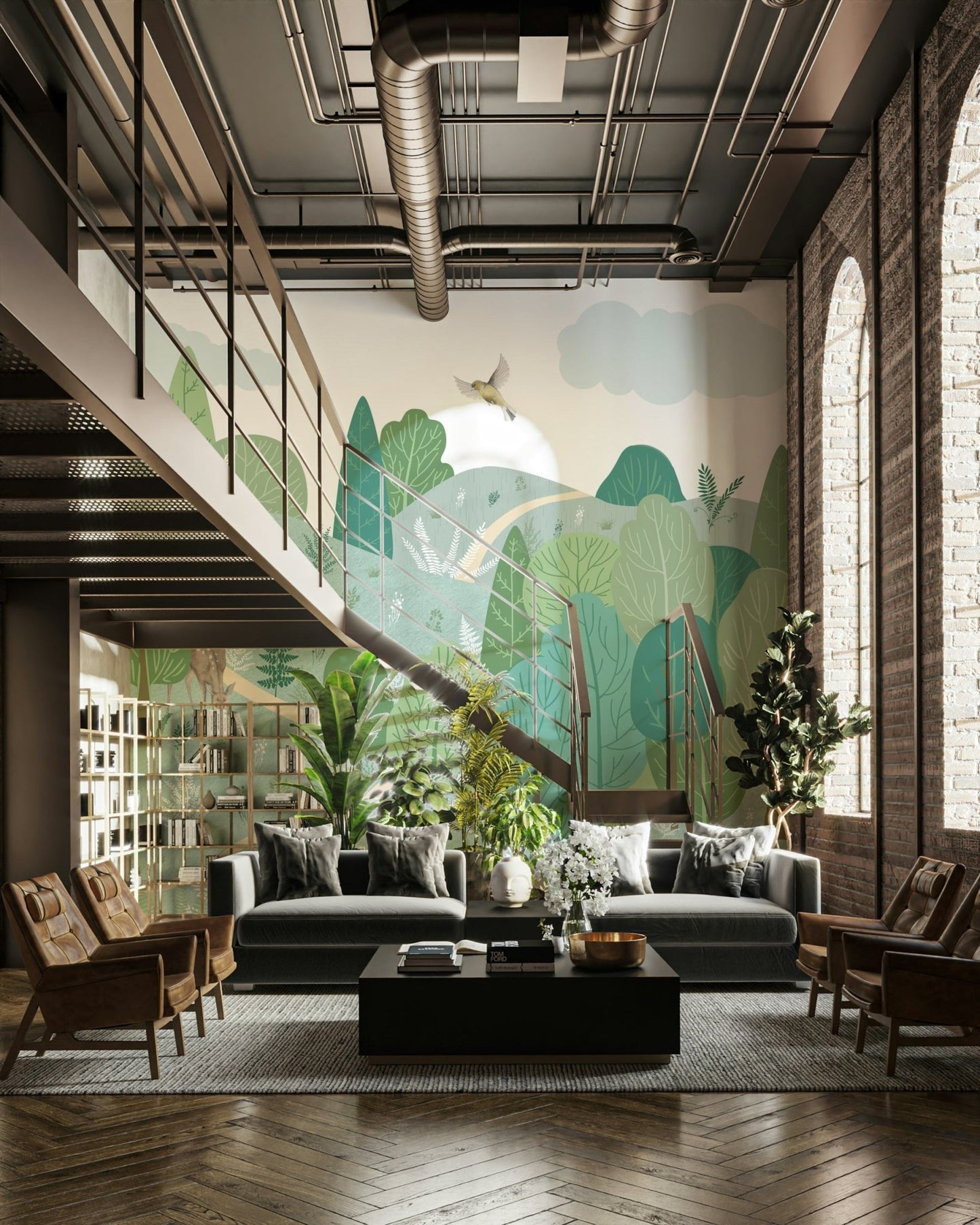 The trunks of tall, dark trees stand around the clearing.

