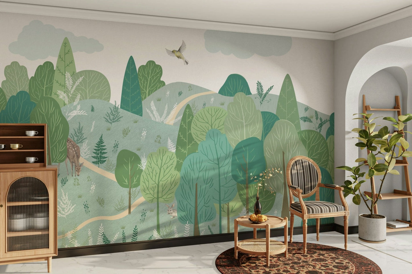 Sunlight filters through the trees and lands on the ground.

