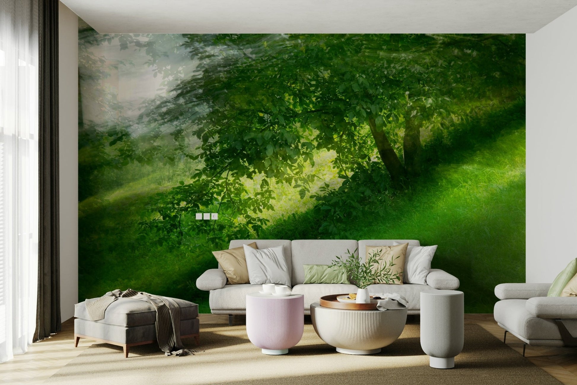 Serene Green Landscape Photography - Tranquil Tree and Lush Grass Scene Wall Mural