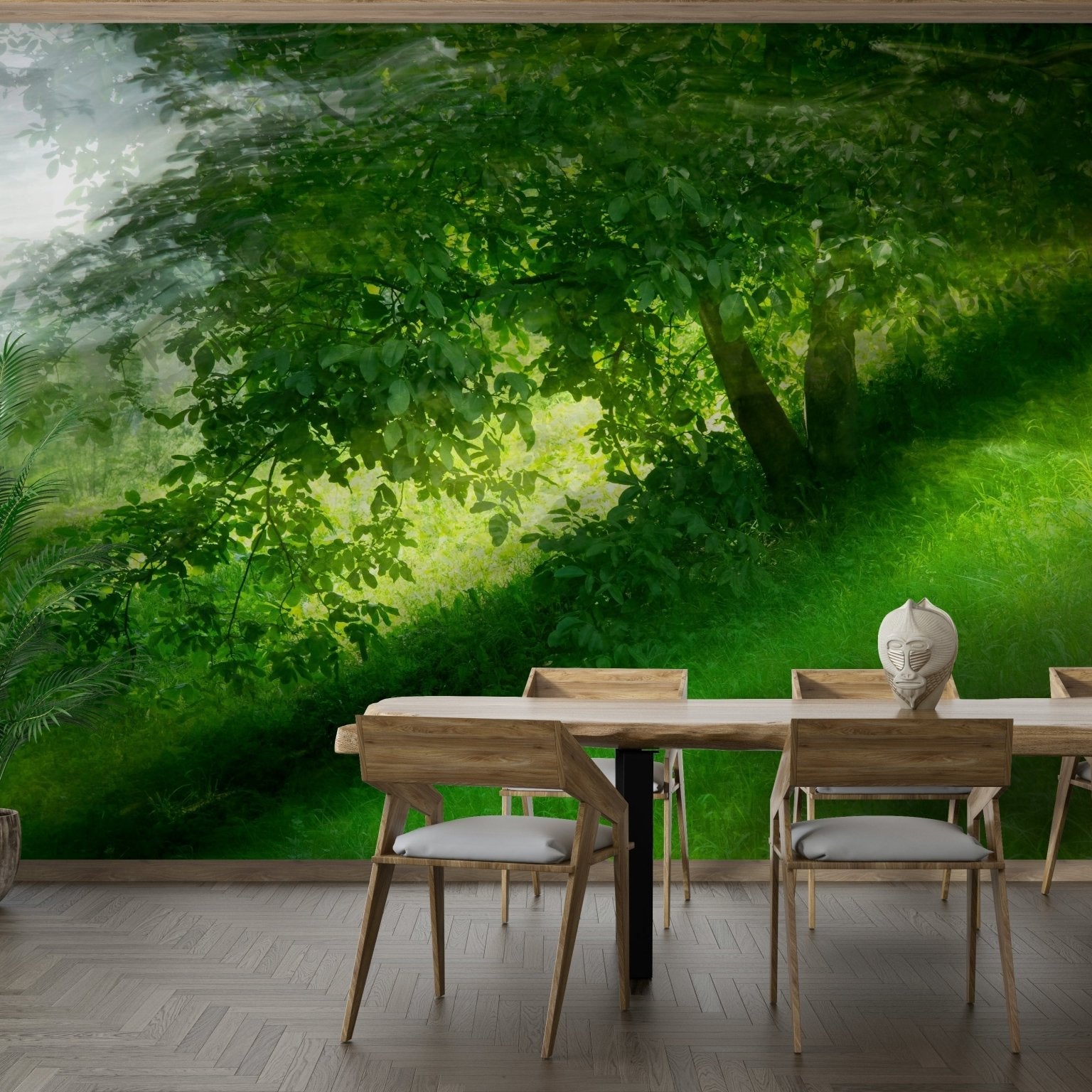 Serene Green Landscape Photography - Tranquil Tree and Lush Grass Scene Wall Mural