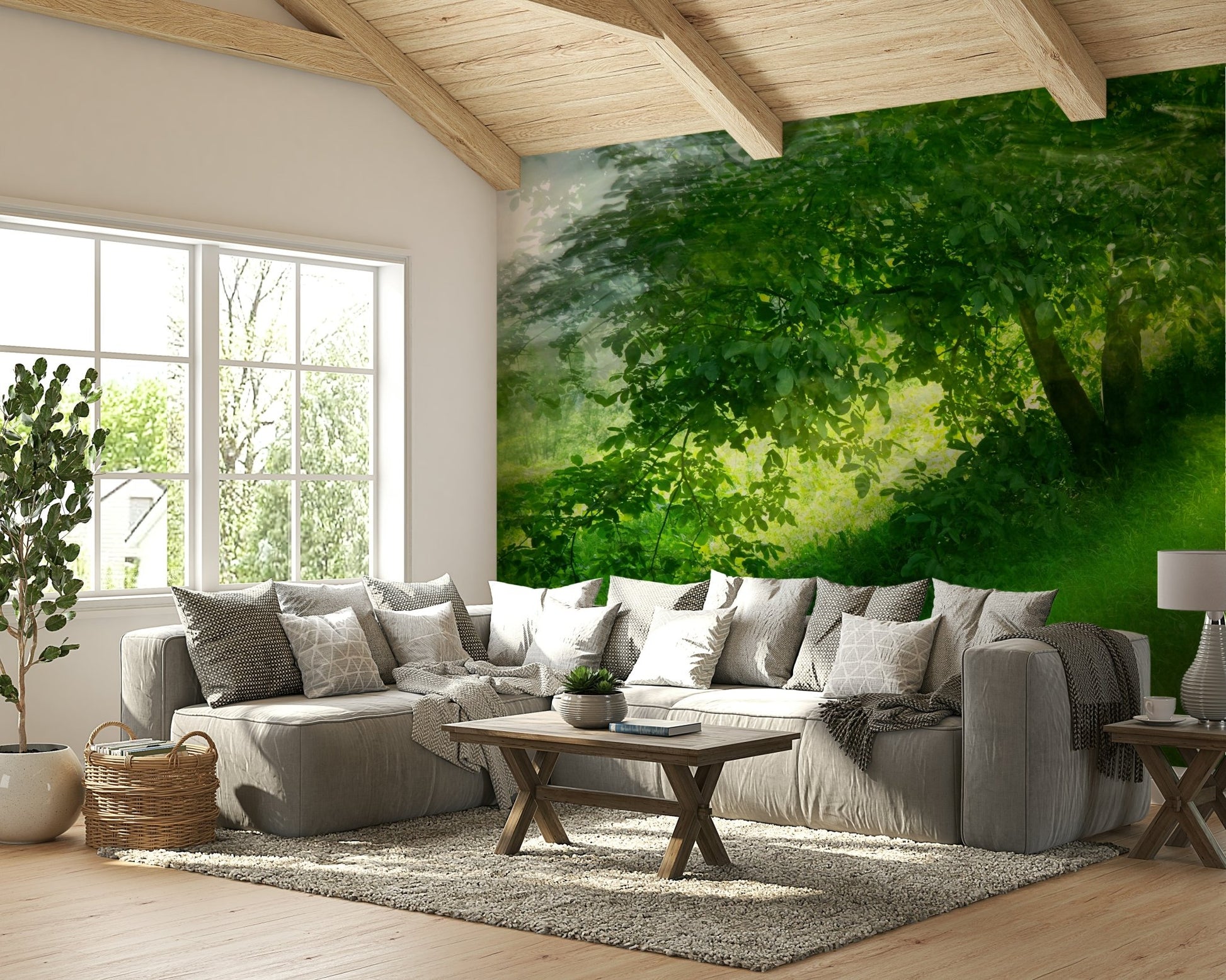 Serene Green Landscape Photography - Tranquil Tree and Lush Grass Scene Wall Mural