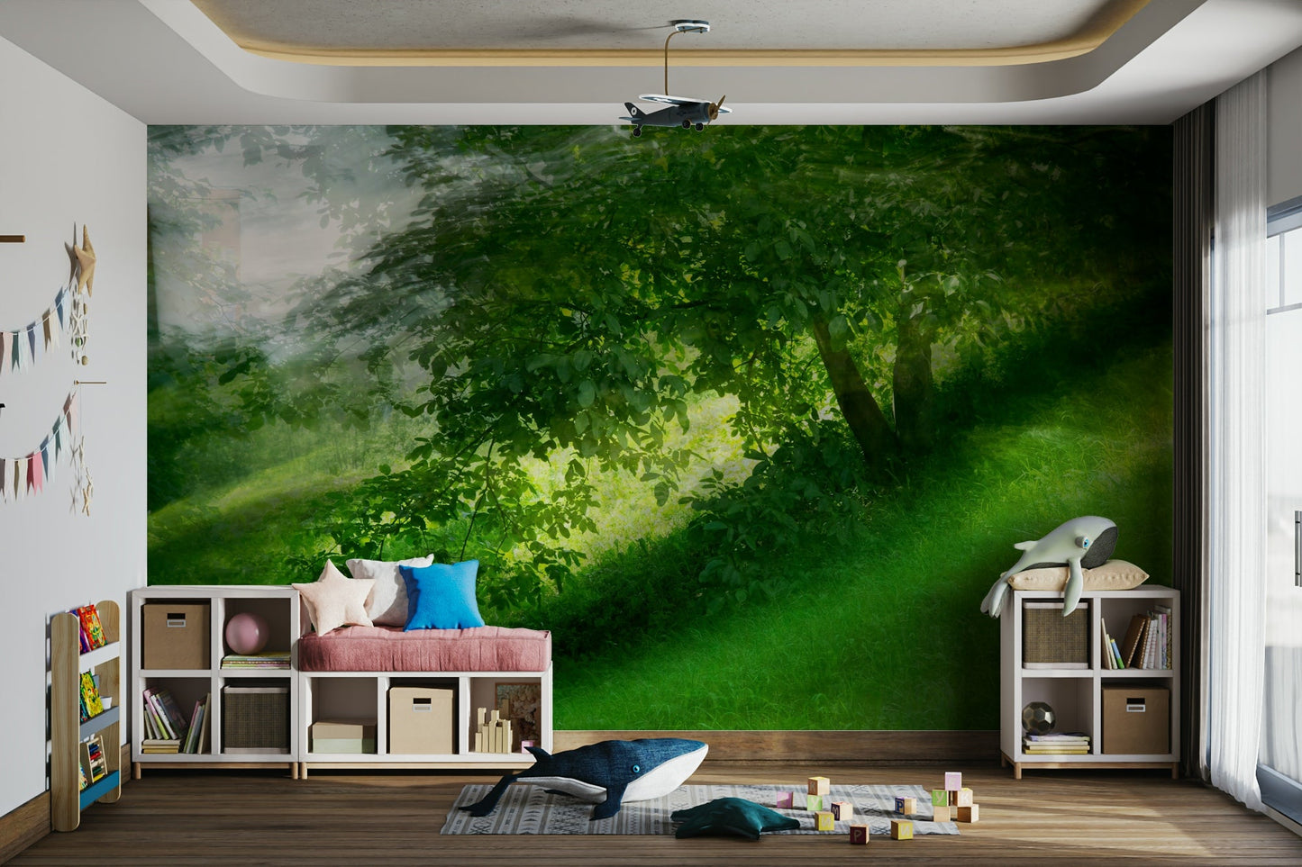 Serene Green Landscape Photography - Tranquil Tree and Lush Grass Scene Wall Mural