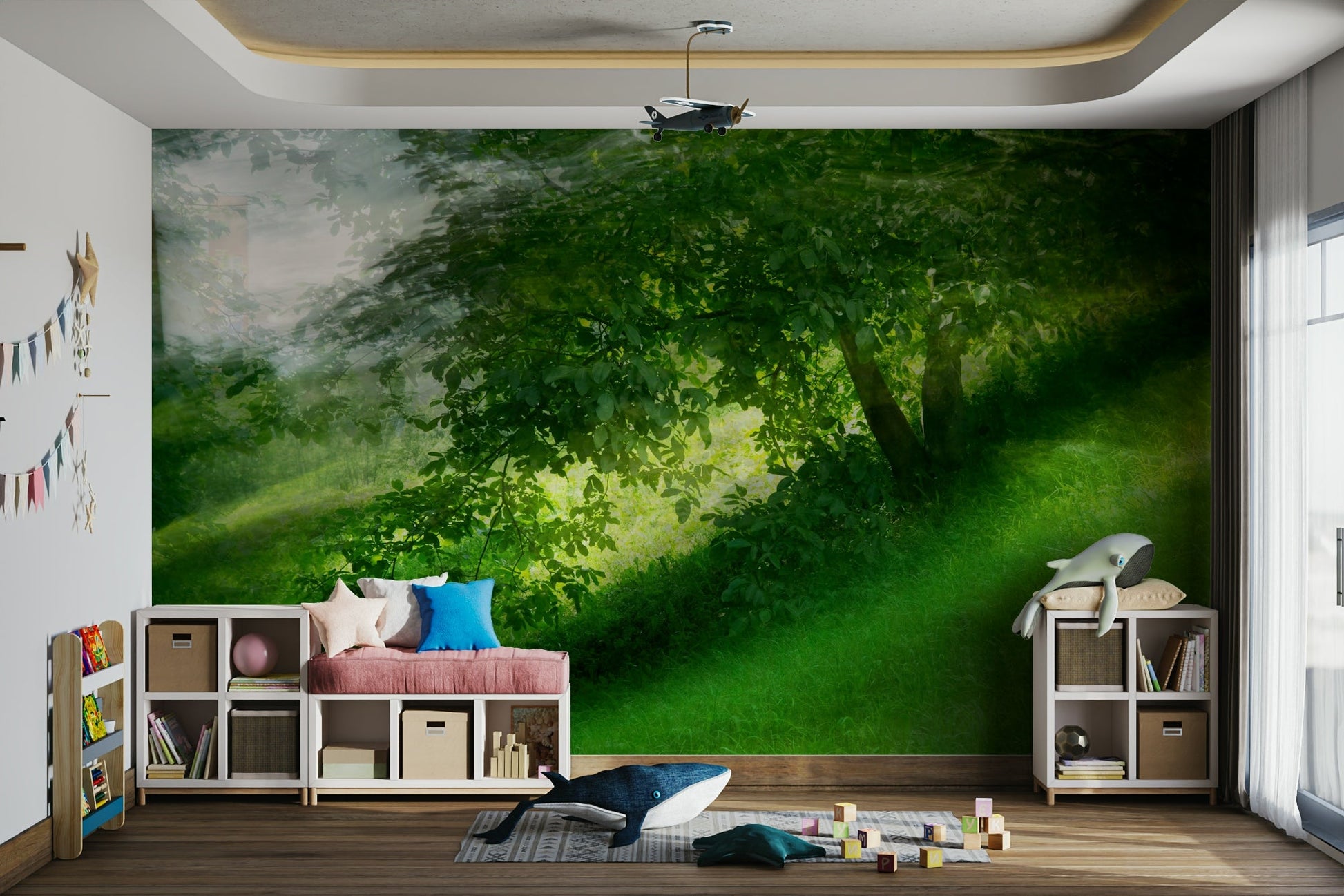 Serene Green Landscape Photography - Tranquil Tree and Lush Grass Scene Wall Mural