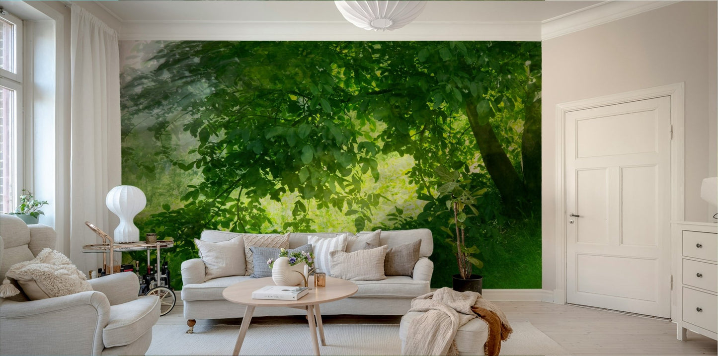 Serene Green Landscape Photography - Tranquil Tree and Lush Grass Scene Wall Mural