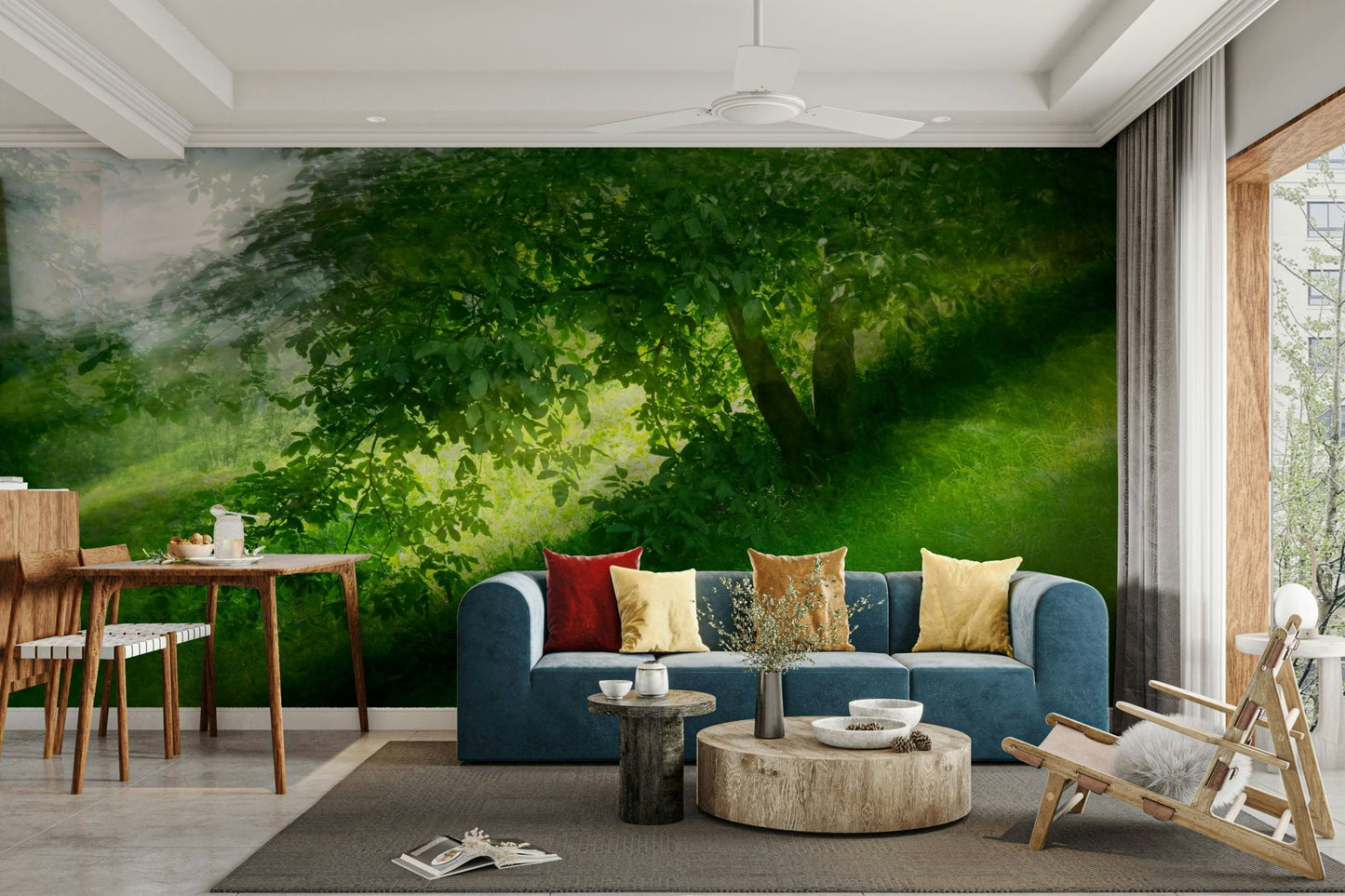 Serene Green Landscape Photography - Tranquil Tree and Lush Grass Scene Wall Mural