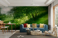 Serene Green Landscape Photography - Tranquil Tree and Lush Grass Scene Wall Mural