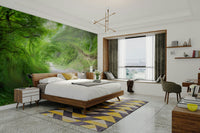 A wall mural of a green pathway or road.

