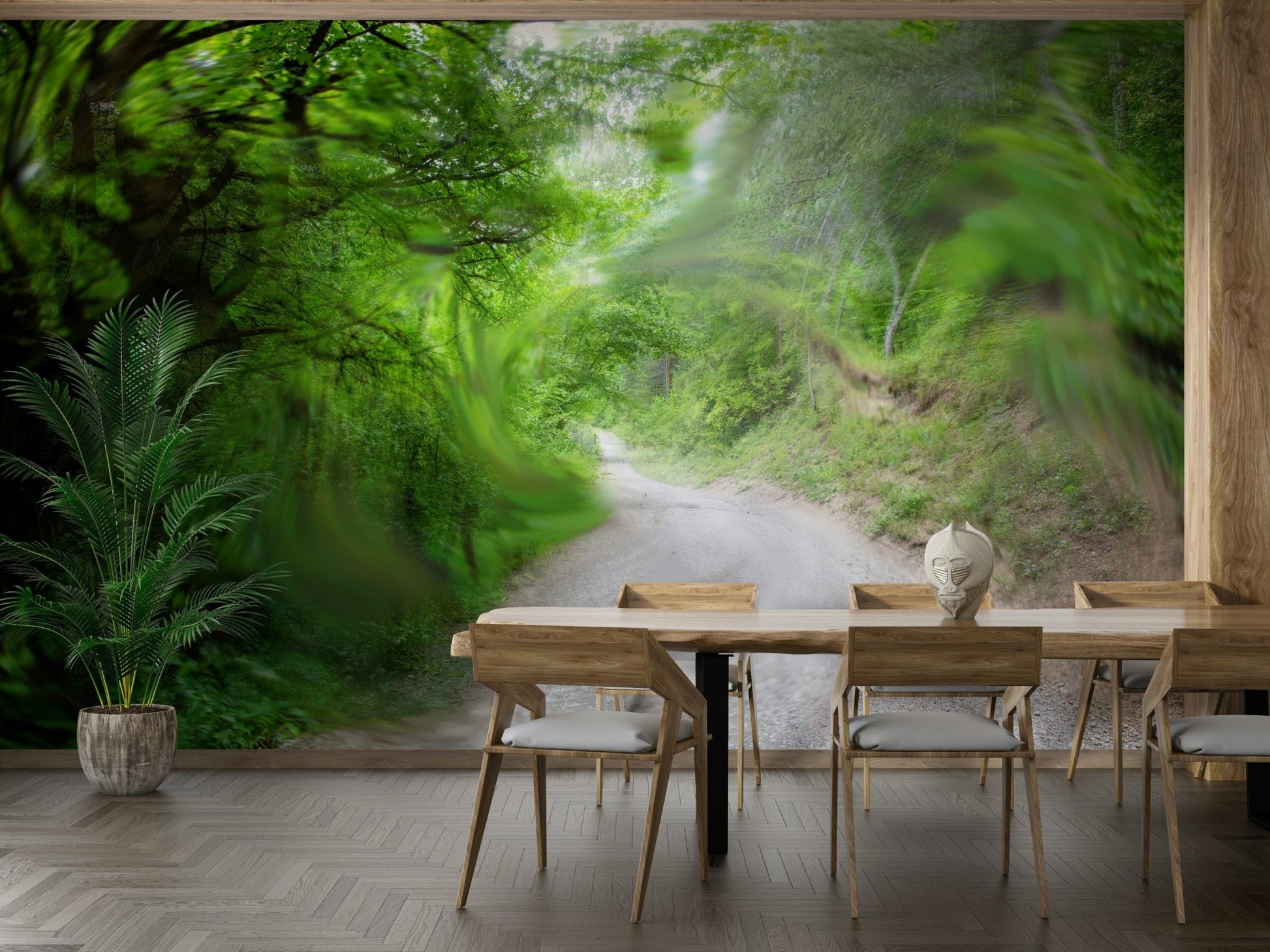 The mural gives a feeling of a quiet walk in nature.

