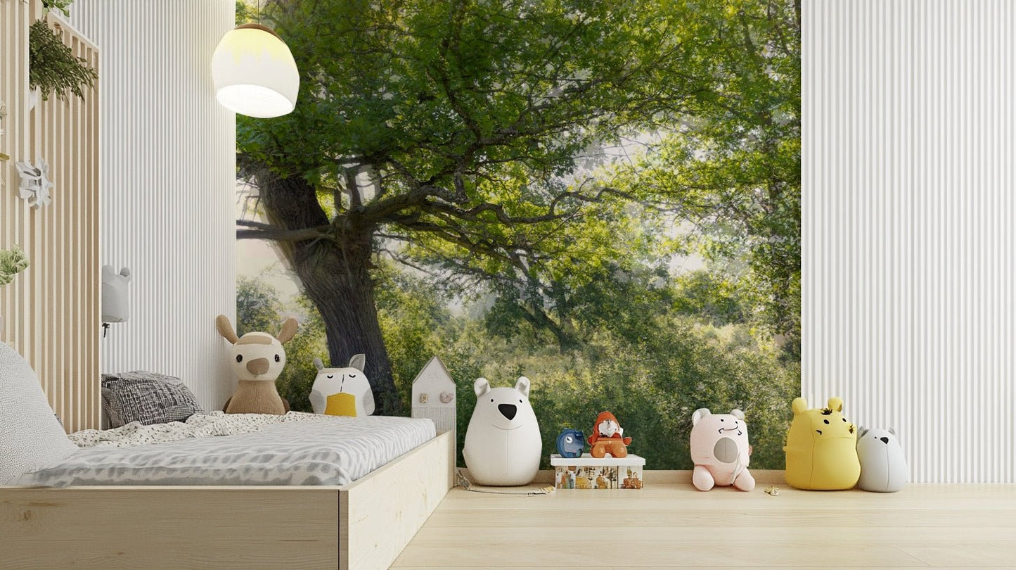 The background is a soft, peaceful green landscape.

