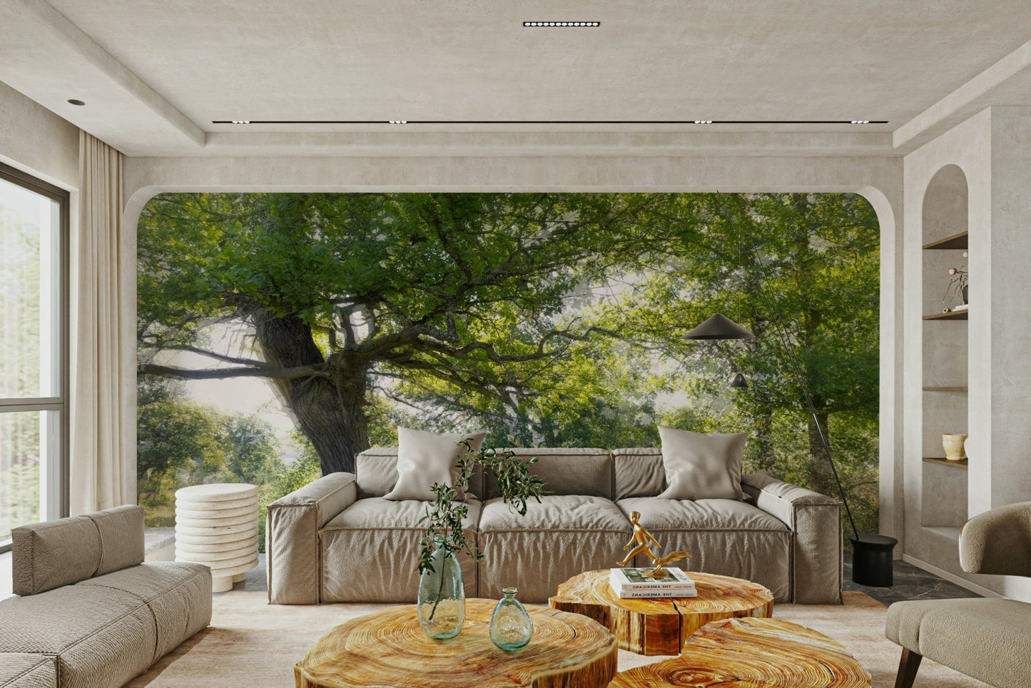 The wall mural is installed on a living room feature wall.

