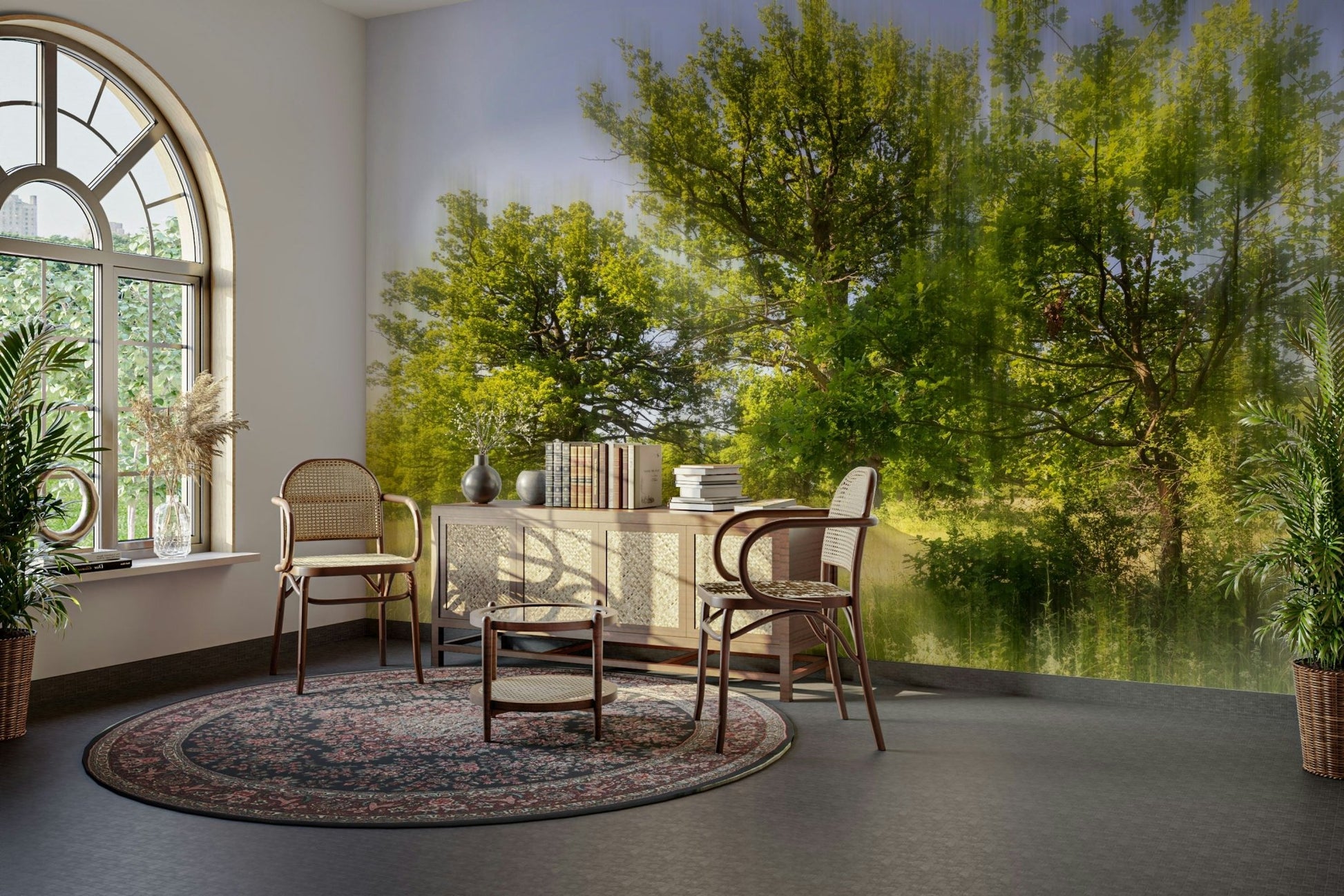 The room feels calm and relaxing due to the natural scene.

