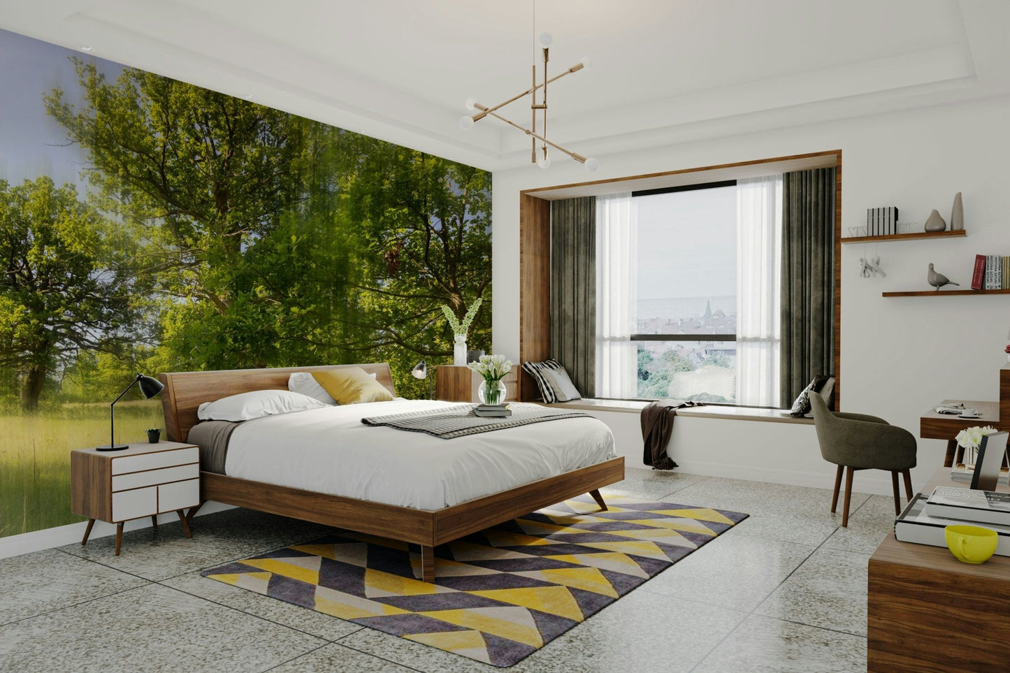 The wall mural is installed on a living room feature wall.

