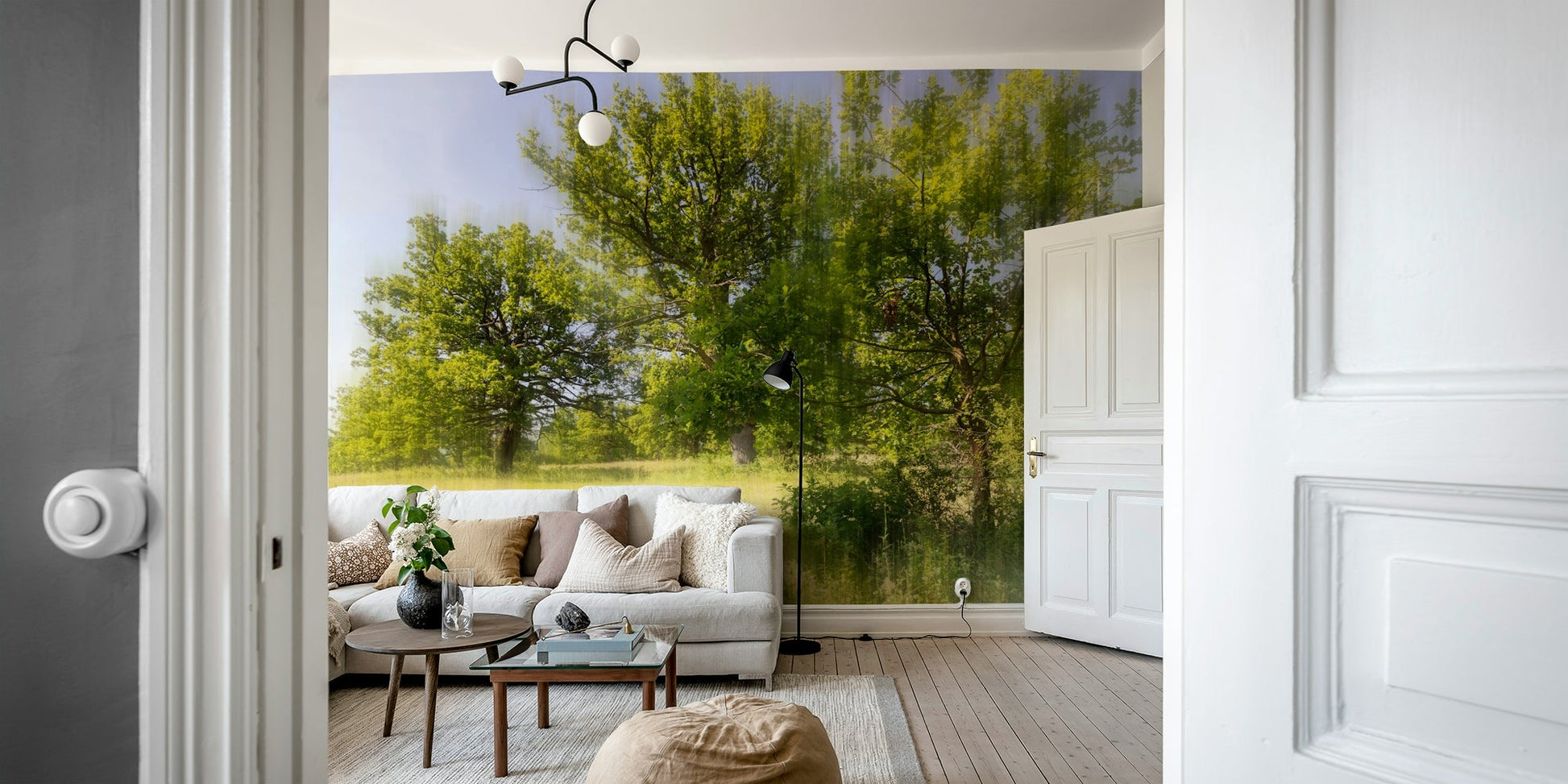 The wallpaper is applied seamlessly, making the view feel realistic.

