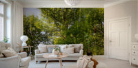 A photo-realistic wall mural of a serene green landscape.

