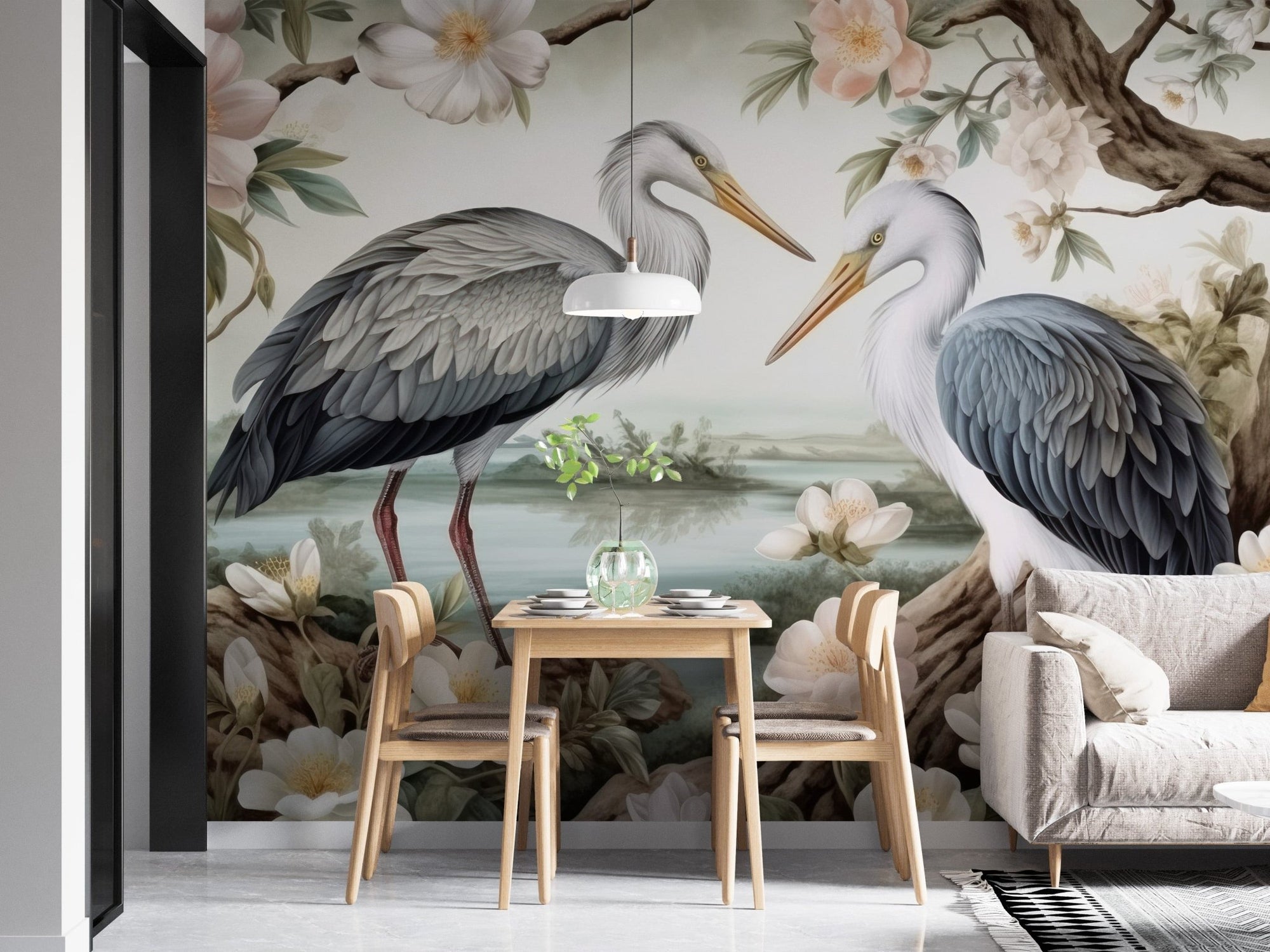 Serene heron lake wallpaper mural with floral details, C64