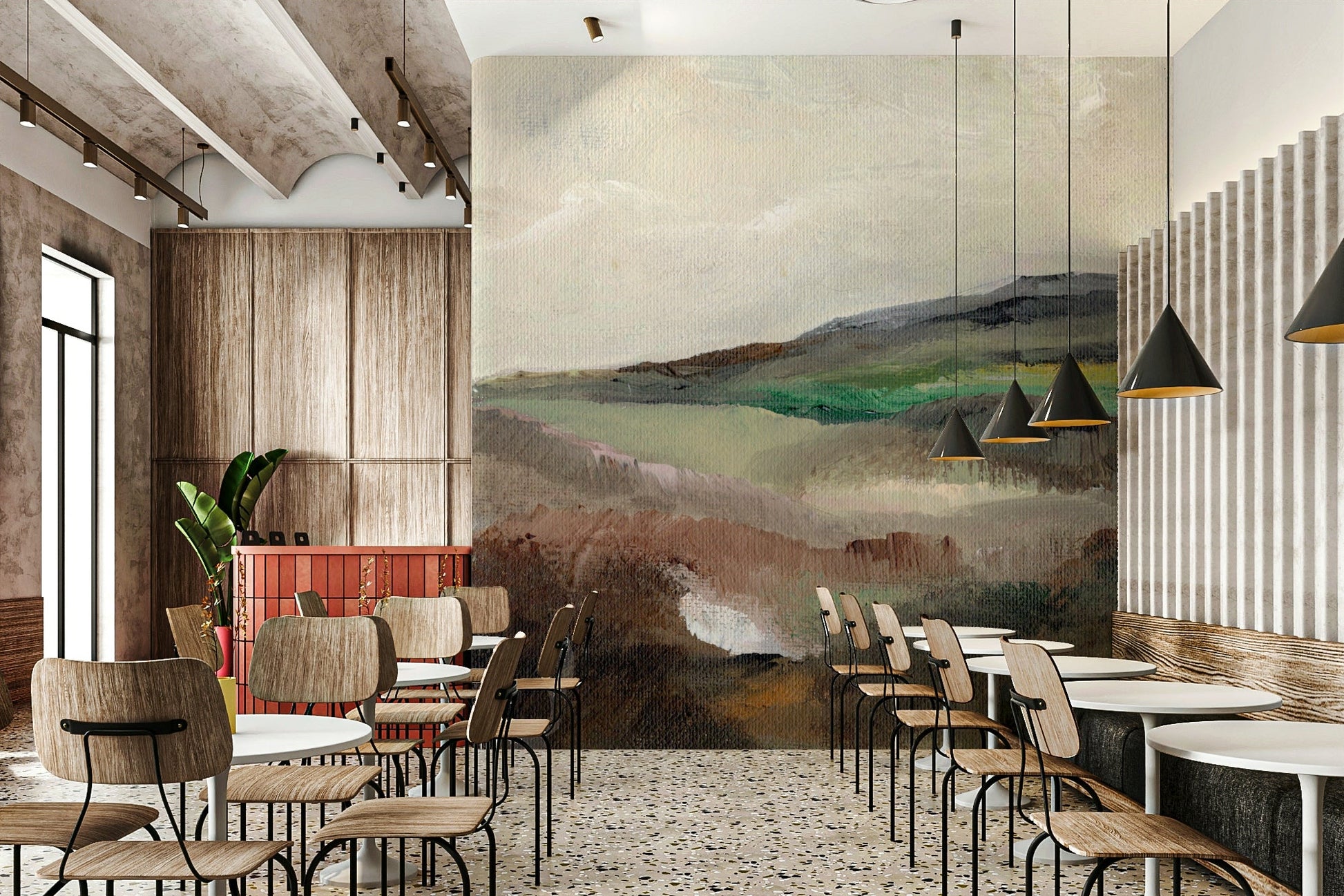 Soft color hillscape mural for modern bedrooms

