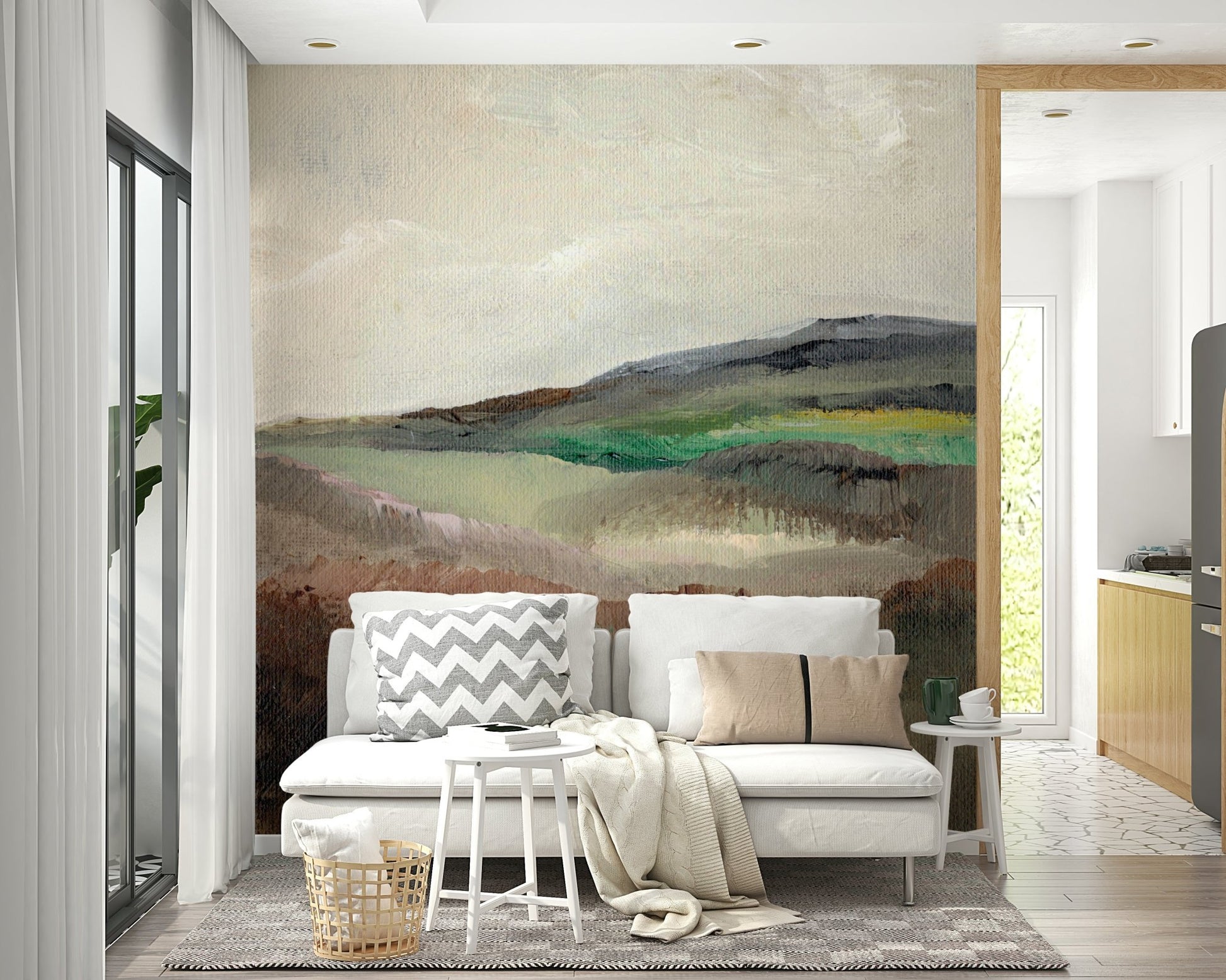 Artistic landscape mural of tranquil hills

