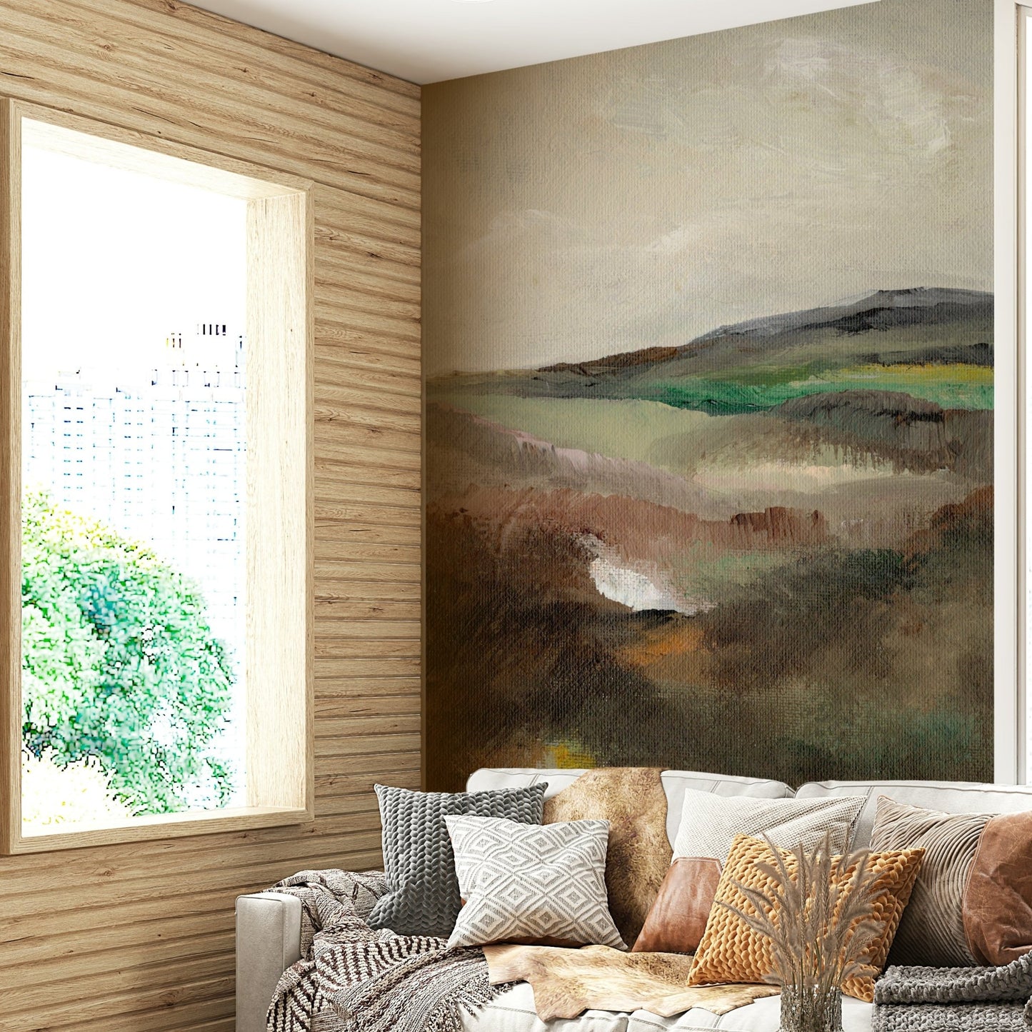 Minimalist hill mural with serene gradients

