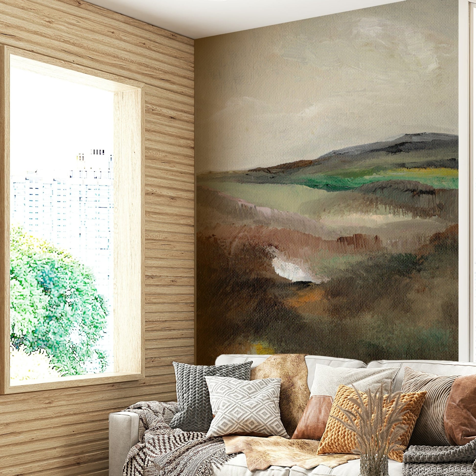 Minimalist hill mural with serene gradients

