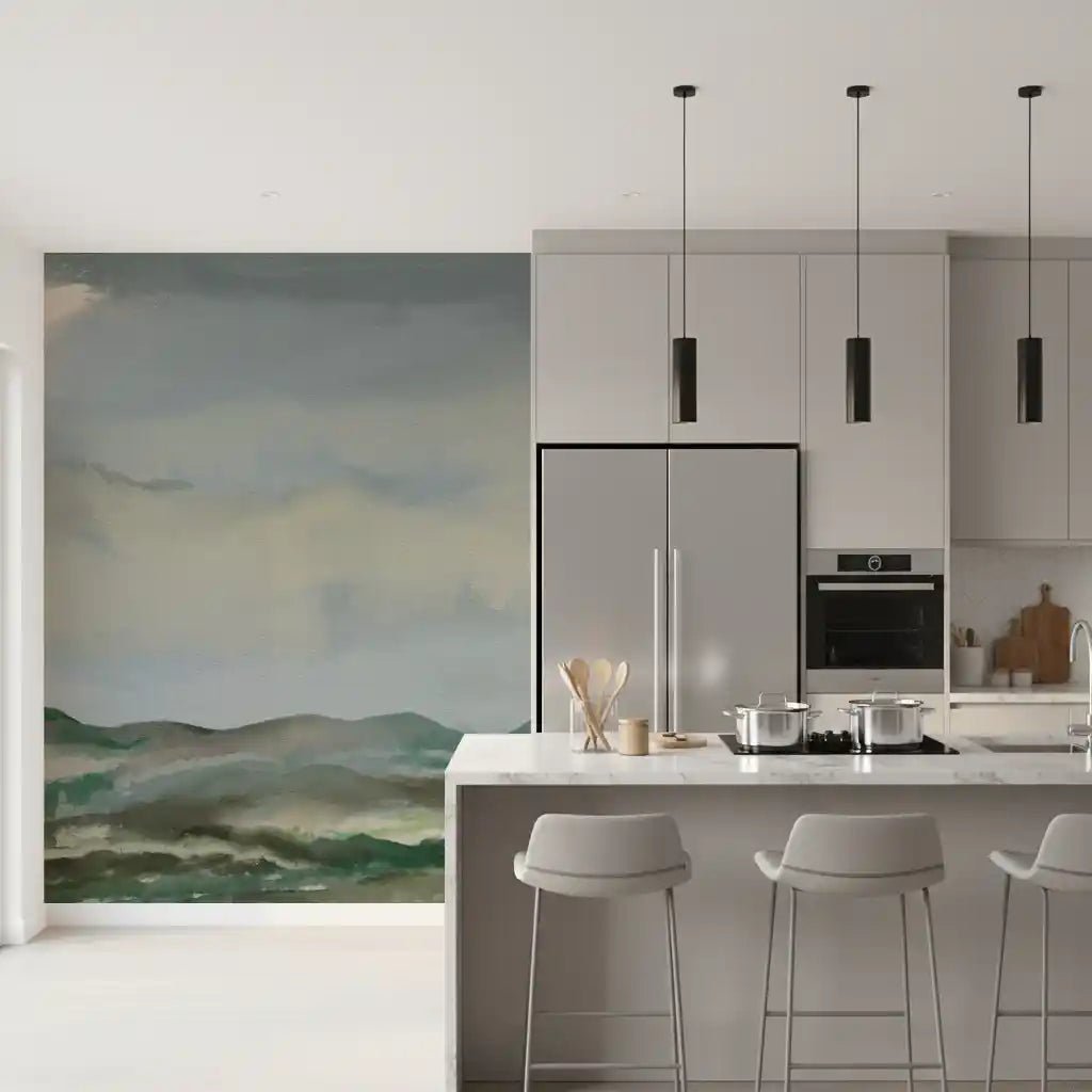 Watercolor hills and misty sky on the Serene Hillside Horizon wall muralGD9521