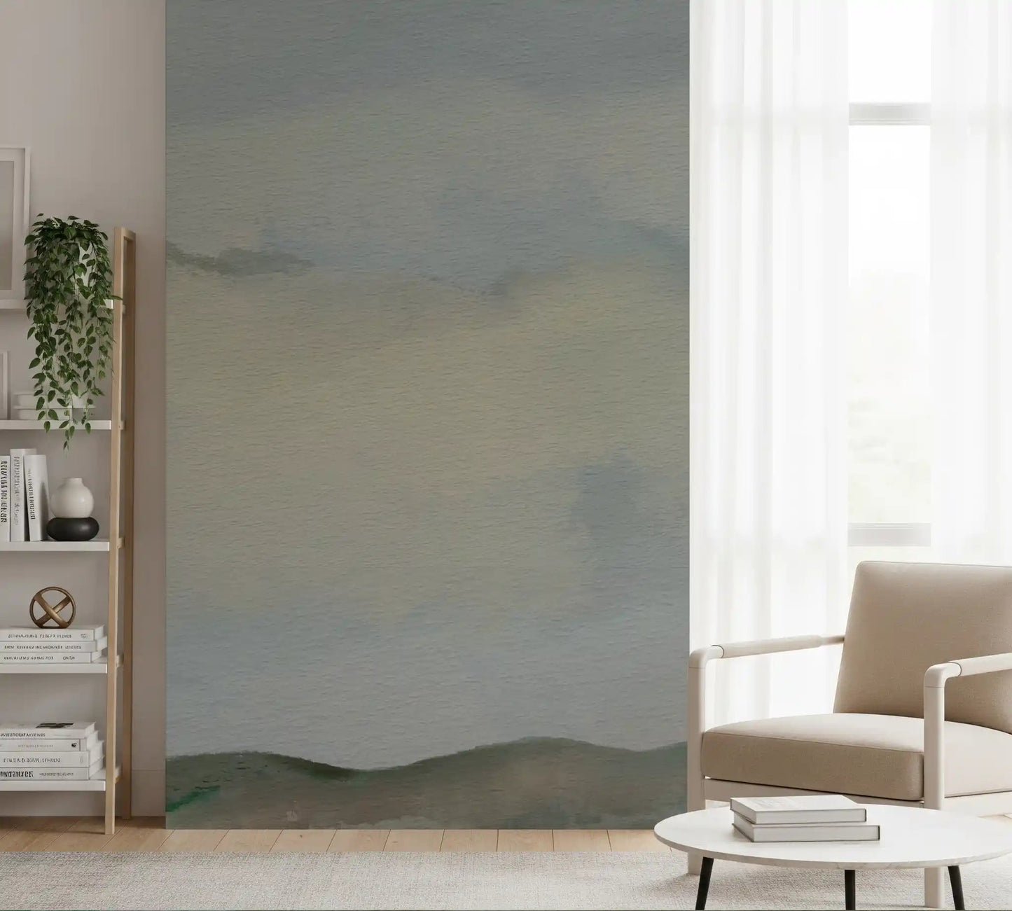 Living room decorated with a misty landscape wall muralGD9521