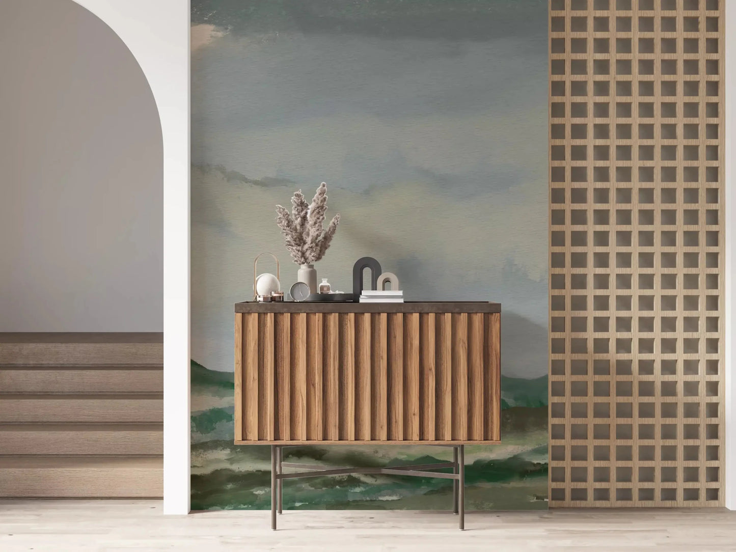 Serene Hillside Horizon wall mural as a backdrop in a contemporary hallway lGD9521