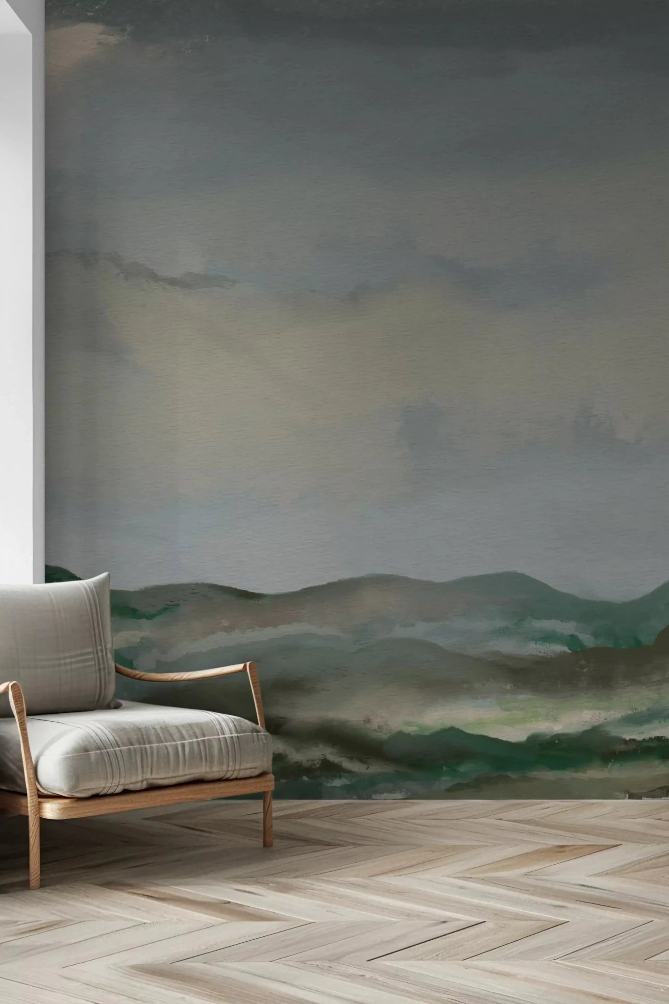 Cozy reading nook enhanced by a green hillside wall muralGD9521