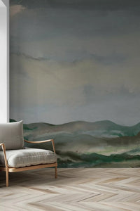 Cozy reading nook enhanced by a green hillside wall muralGD9521