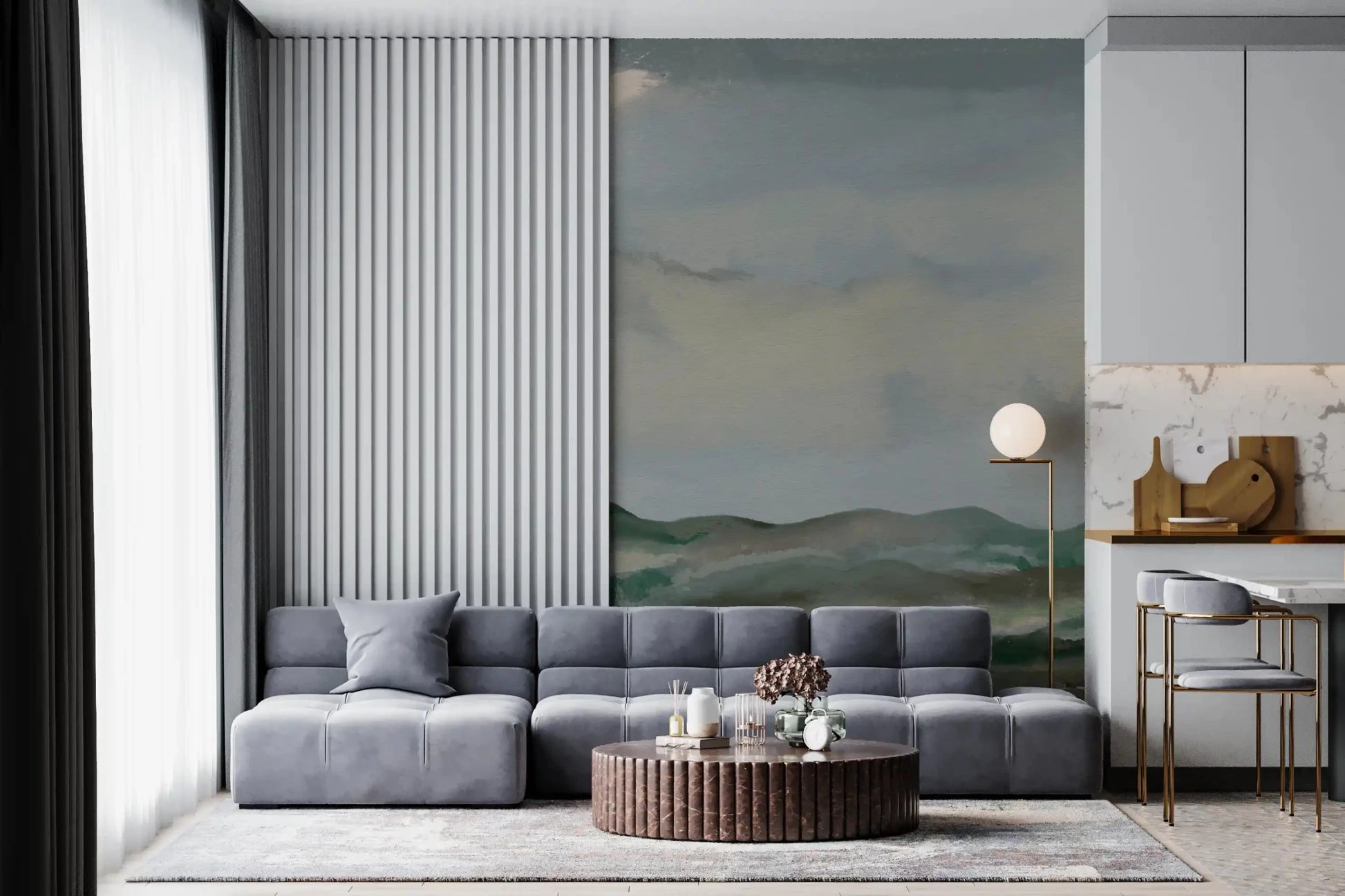 Open-plan living space featuring an abstract horizon wall muralGD9521