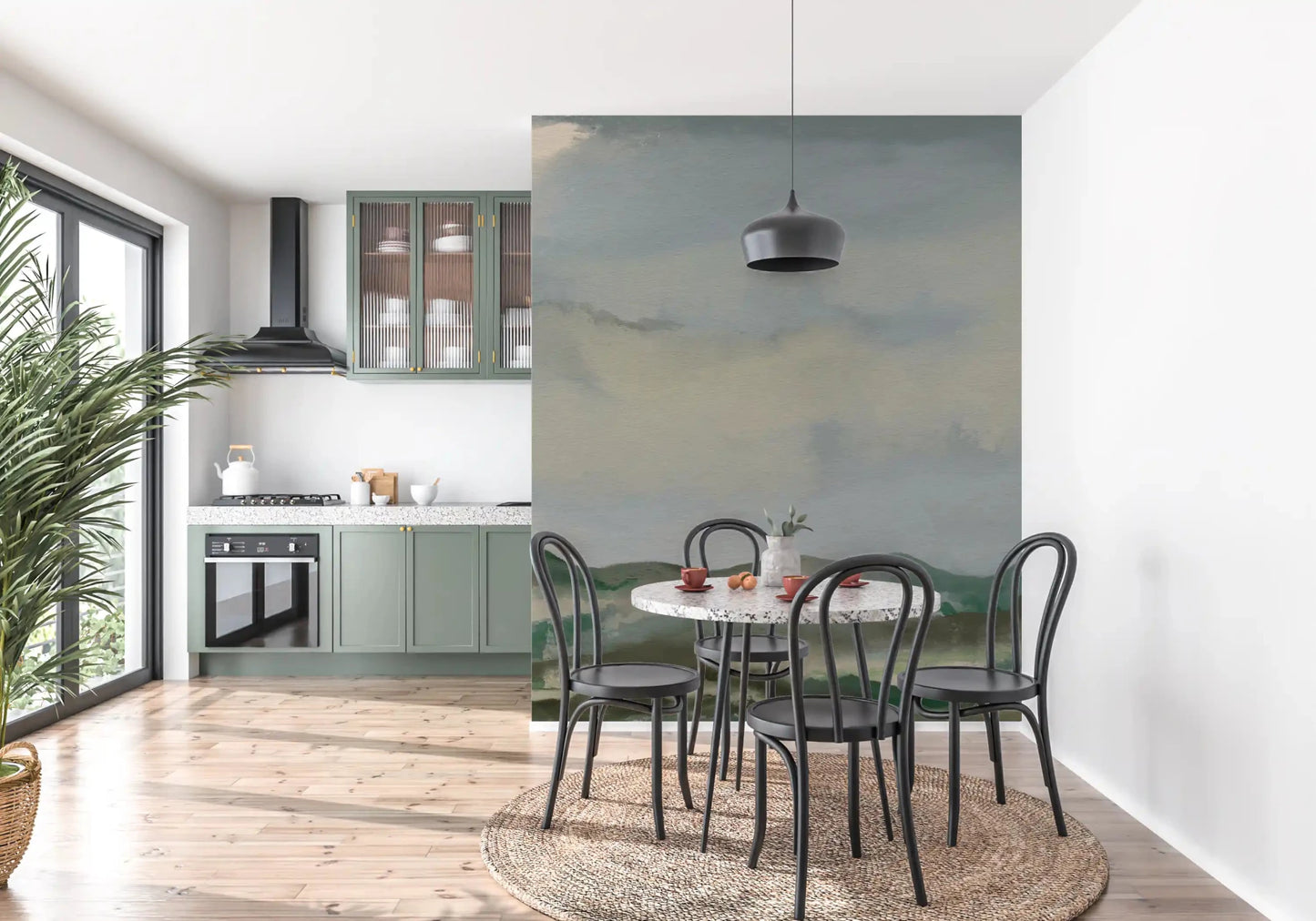 Minimalist dining area with a watercolor landscape wall muralGD9521
