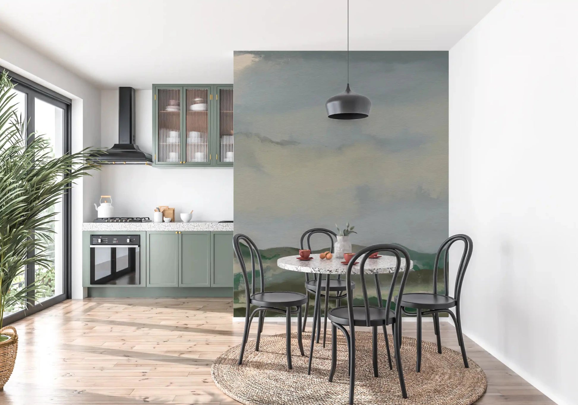 Minimalist dining area with a watercolor landscape wall muralGD9521