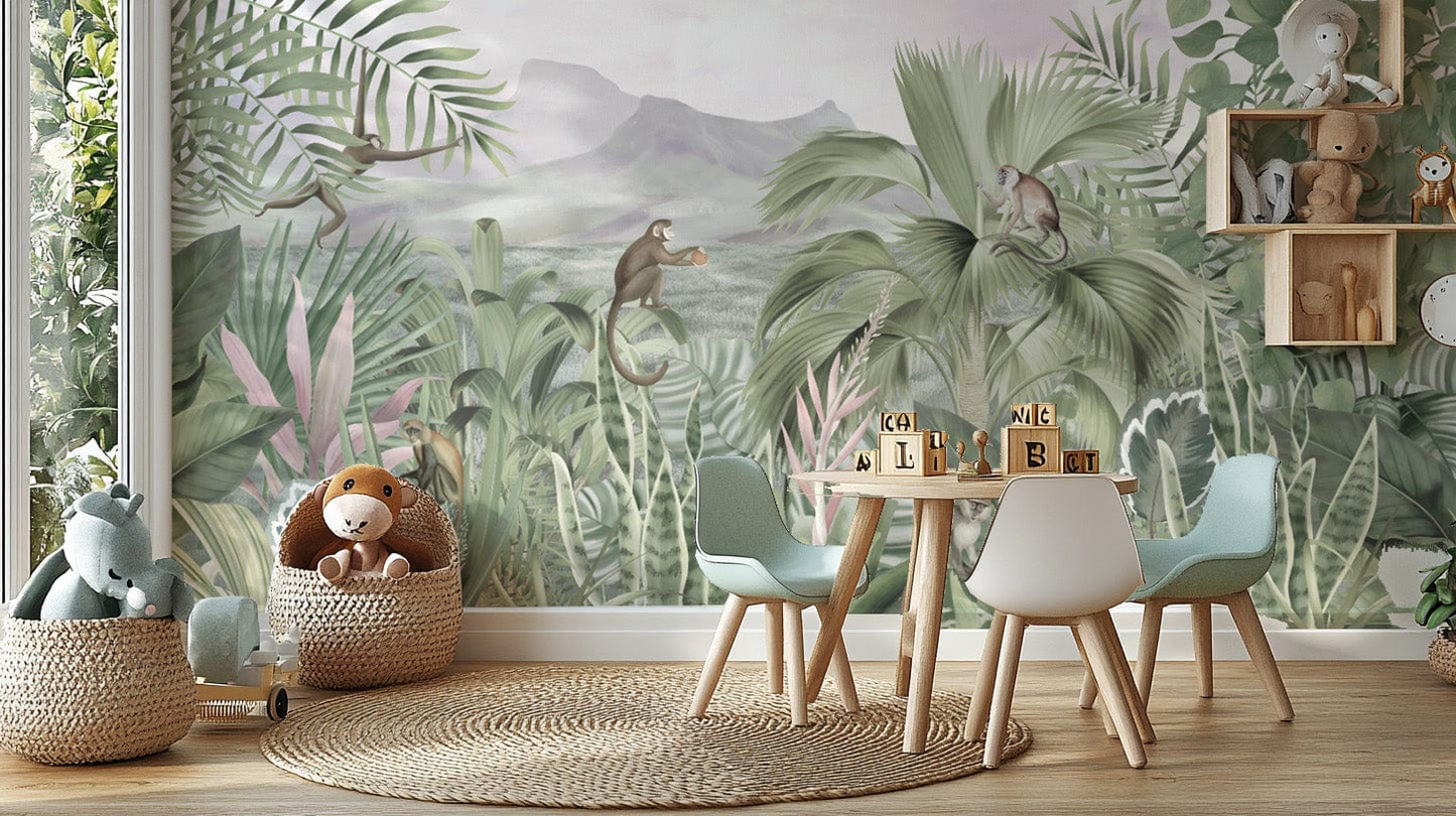 Lush rainforest wallpaper with monkeys
