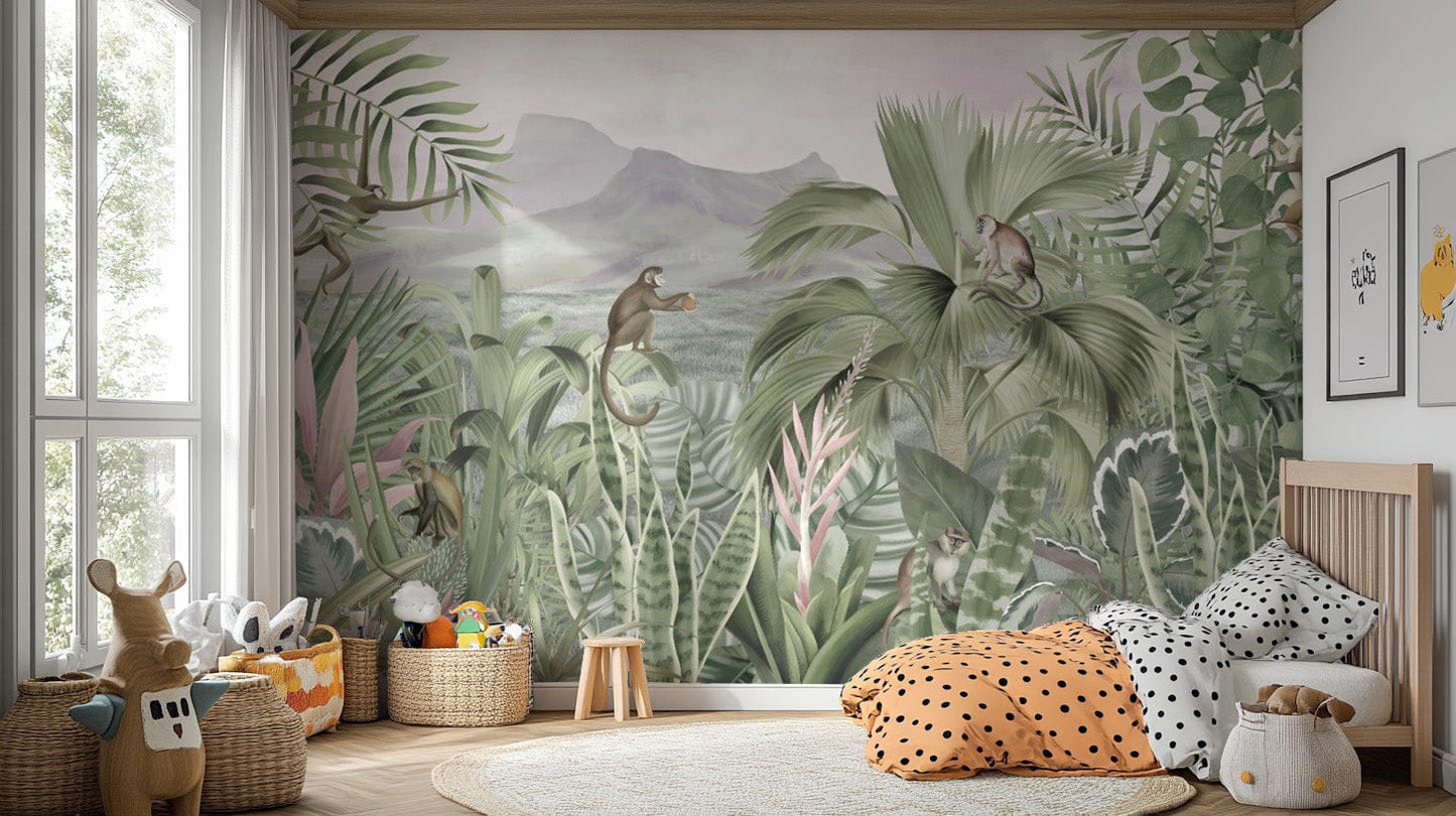 Monkey-themed tropical wallpaper design
