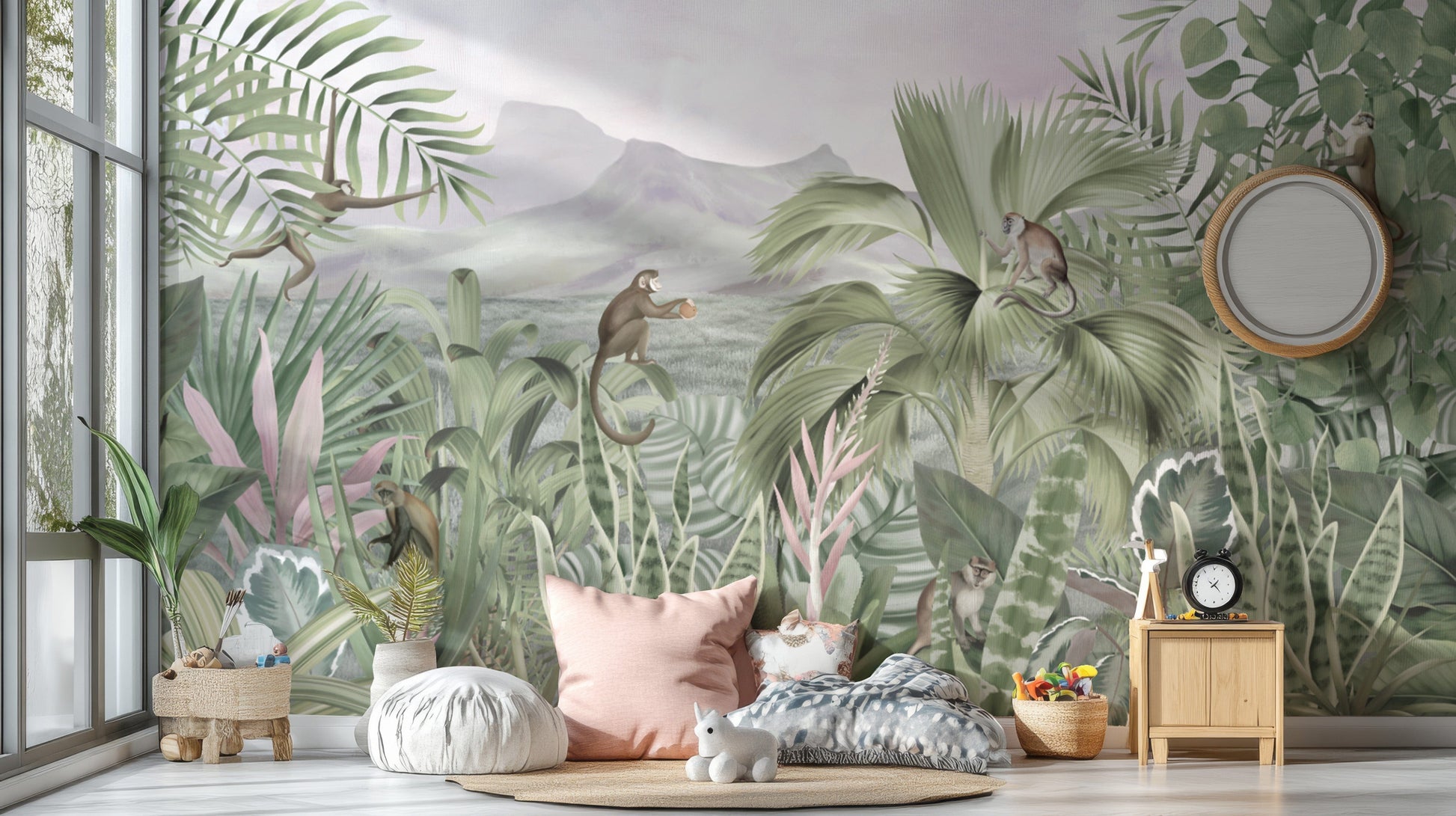 Scenic jungle mural with palm leaves
