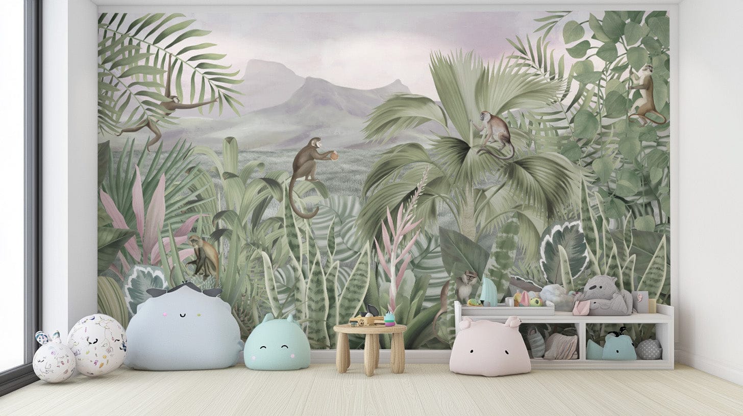 Green tropical wallpaper with wildlife
