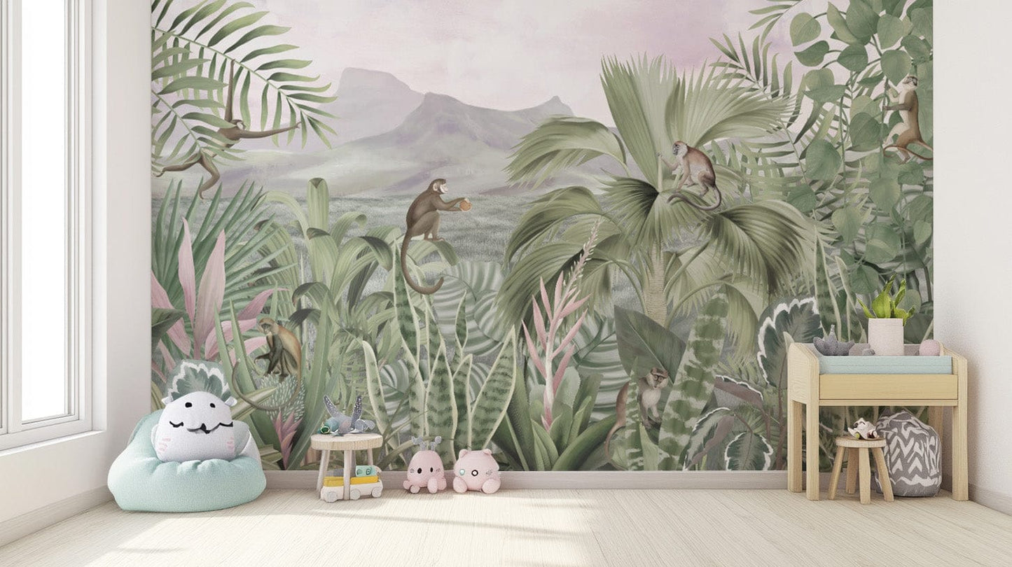 Serene rainforest wallpaper with monkeys
