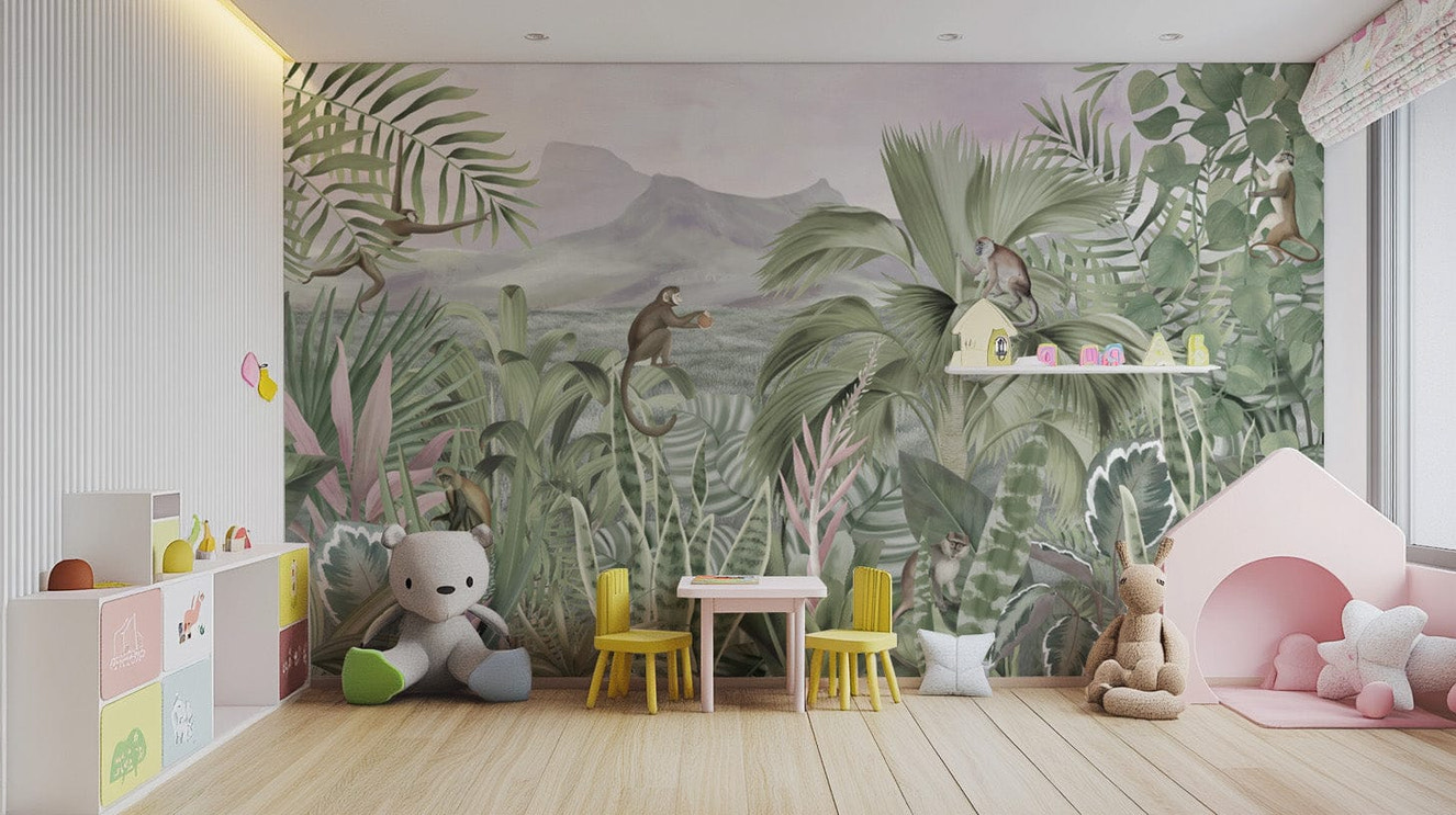 Tropical wallpaper with playful monkeys
