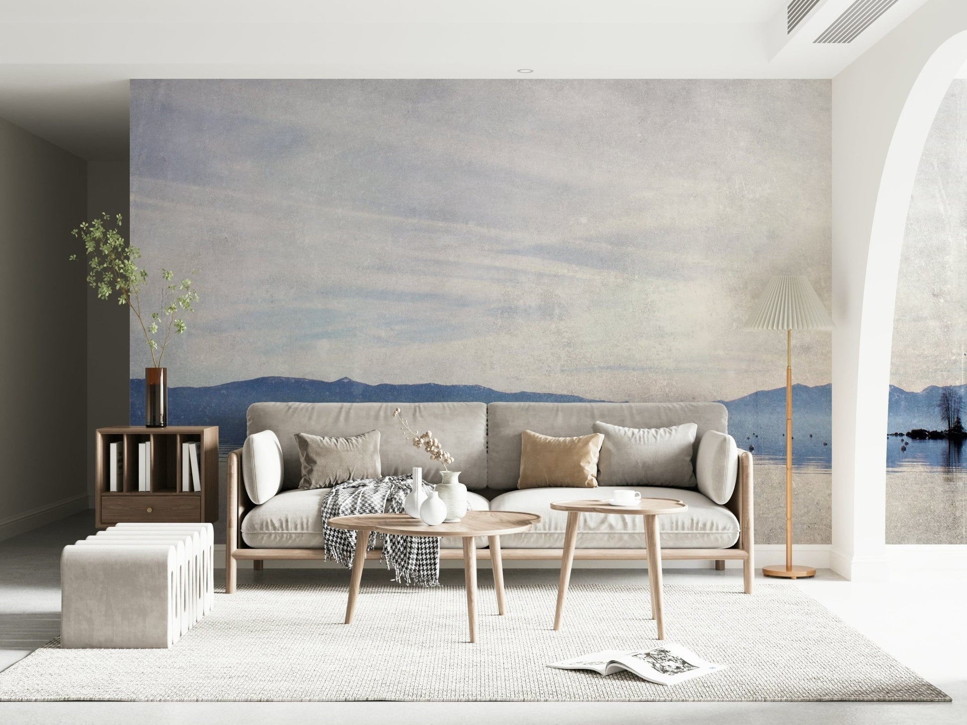 A beautiful wide-angle wall mural of a calm lake.