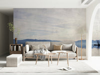 A beautiful wide-angle wall mural of a calm lake.