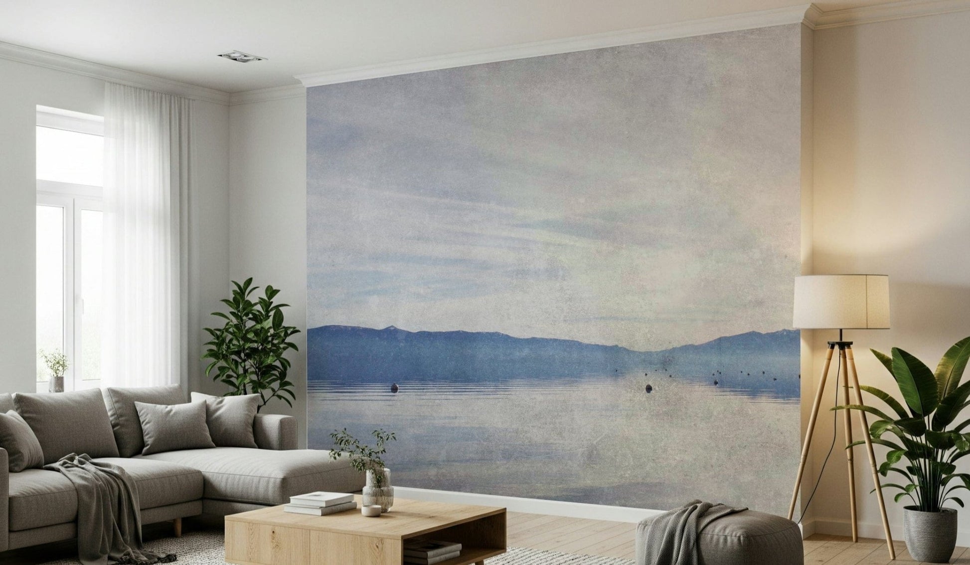 A calming serene view wallpaper mural that defines a space.
