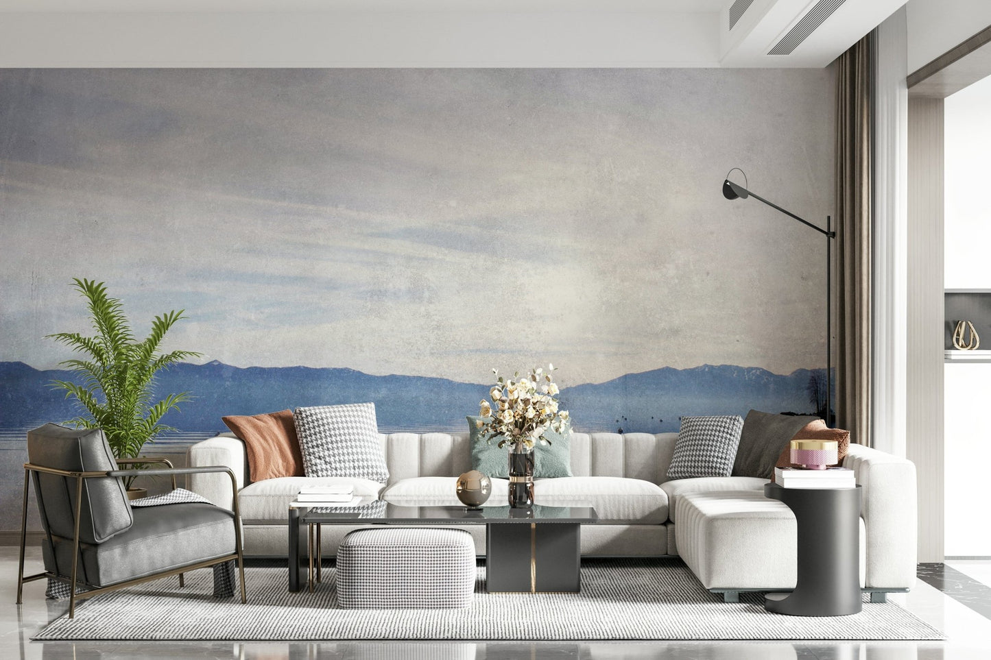 A graceful subtle pattern wall mural in cool, natural tones.