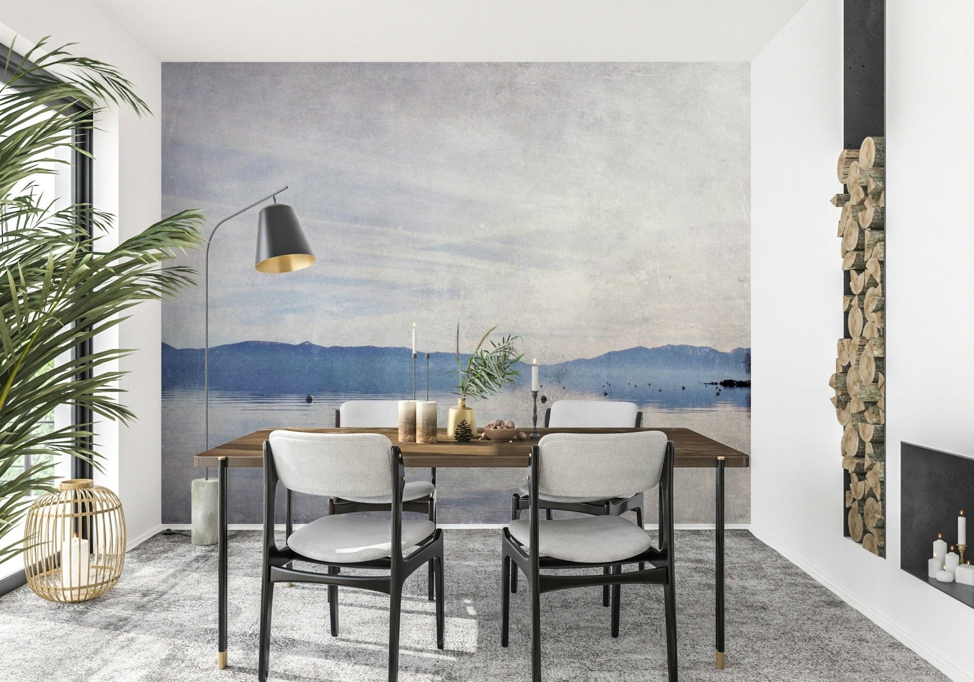 A beautiful serene lake wallpaper mural with subtle reflections and mist.