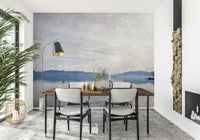 A beautiful serene lake wallpaper mural with subtle reflections and mist.