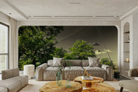 The sky above is dramatic with clouds and a powerful atmosphere.

