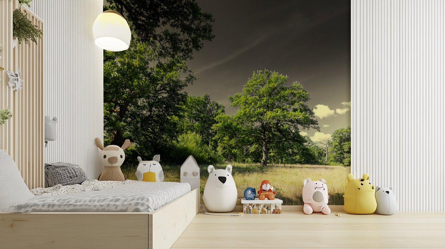 The image shows large trees with lush green foliage as the focal point.

