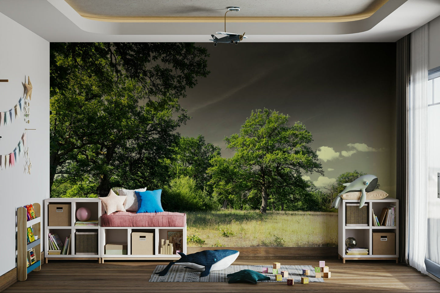 The wallpaper is applied seamlessly, making the view feel realistic.

