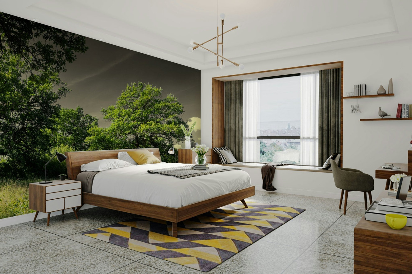 A photo-realistic wall mural of majestic trees in a serene landscape.

