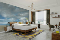 The wall mural is installed on a living room feature wall.

